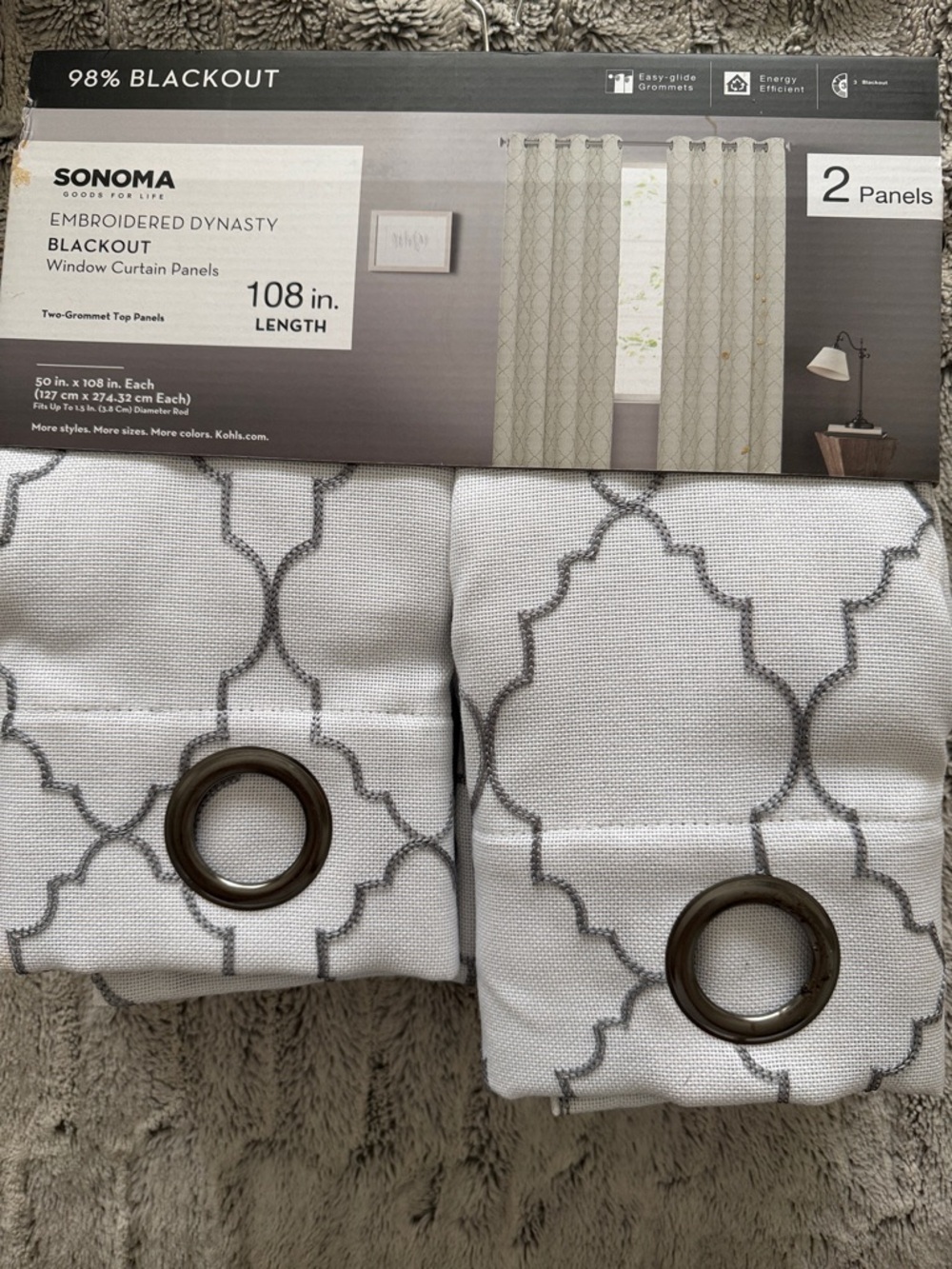 Sonoma White Curtain Panels with Gray Geometric Embroidery - 2 Pack